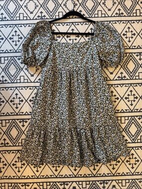 Uniqlo Black Floral Puff-Sleeve Square-Neck Cotton Dress